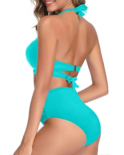 Women's Push Up Padded Halter High Waist High Leg Bikini Swimsuit-Aqua