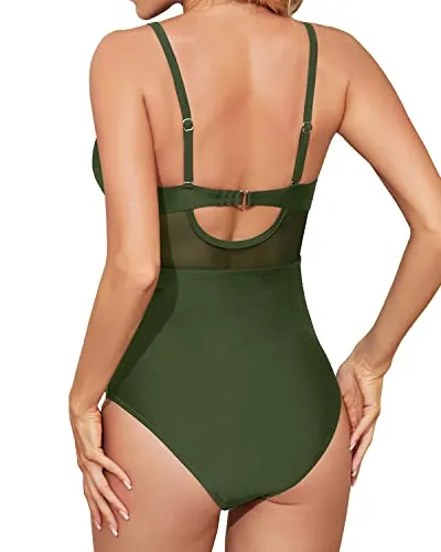 Women's Tummy Control Cutout Mesh One Piece Swimwear-Army Green